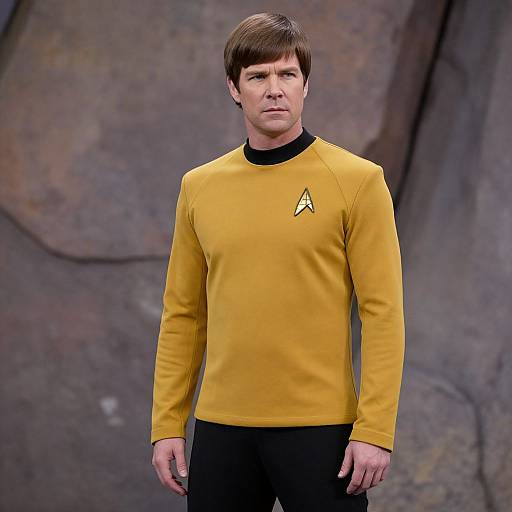 Photograph of a serious-looking man with brown hair, wearing a yellow Star Trek uniform with black collar and black pants, standing against a rocky background.