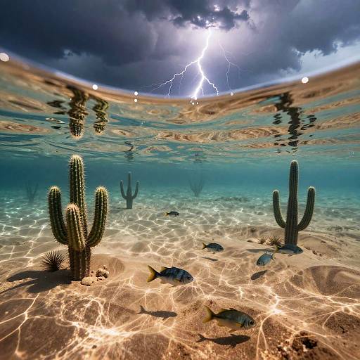 Underwater photograph of a sandy desert with cacti, small fish, and sun rays filtering through water, with a lightning bolt visible through the surface