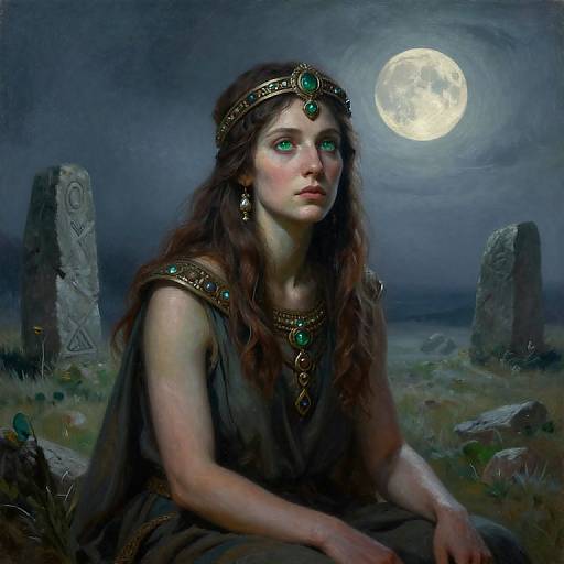 Digital painting of a fair-skinned, green-eyed woman with long brown hair, wearing a green jeweled headband and dress, seated under a full
