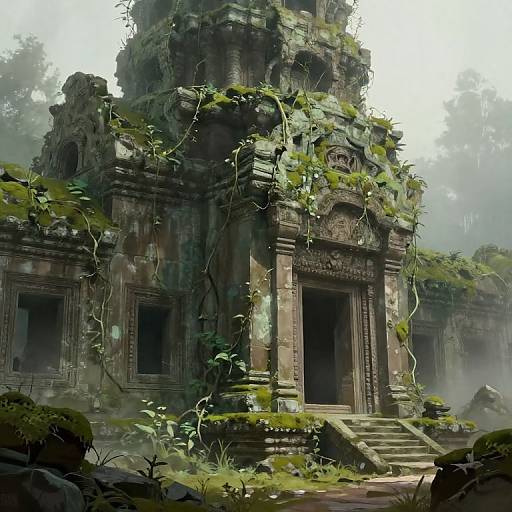Digital artwork of a moss-covered, ancient temple ruin with vines and overgrown vegetation, featuring intricate carvings and dark, empty doorways.