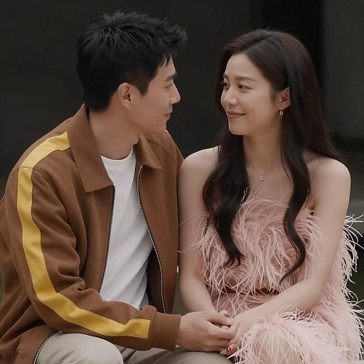 Couple in Intimate Moment, Feathered Dress