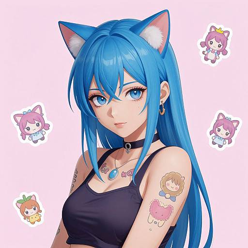 Anime-style digital illustration of a blue-haired girl with cat ears, black tank top, tattoos, and chibi cat characters floating around.