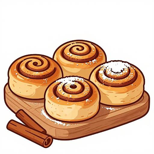 Illustration of three golden-brown spiral cinnamon rolls dusted with sugar, on a wooden board with two cinnamon sticks.