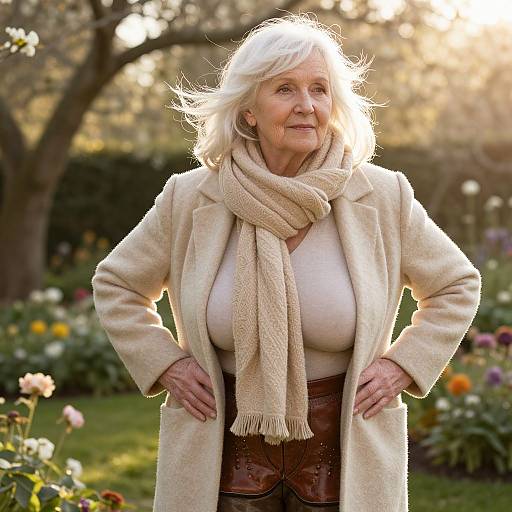 Photograph of an elderly white woman with white hair, wearing a beige coat, scarf, and brown pants, standing confidently in a sunlit garden with
