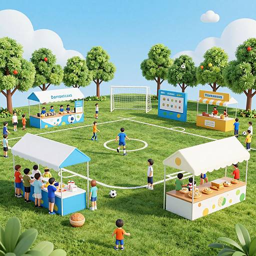 Colorful digital illustration of a sunny children's soccer field with trees, booths, and kids playing, eating, and drinking under clear skies.