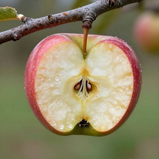 Close-up photograph of a red and yellow apple, sliced in half, showing seeds and juicy interior with water droplets, hanging from a branch against a