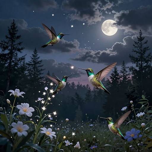 Photograph-style digital artwork of three iridescent hummingbirds with glowing green throats, flying under a moonlit night sky, surrounded by white flowers