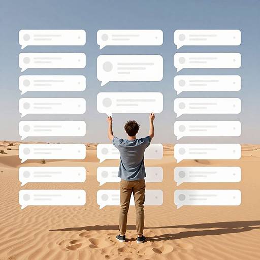 Photograph of a man in a blue shirt and beige pants standing in a desert, arms raised, facing white speech bubbles against a clear blue sky.