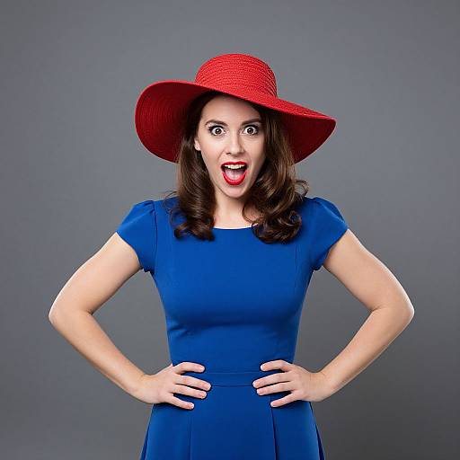 Photograph of a surprised woman with fair skin, dark wavy hair, red wide-brimmed hat, and blue dress, hands on hips,