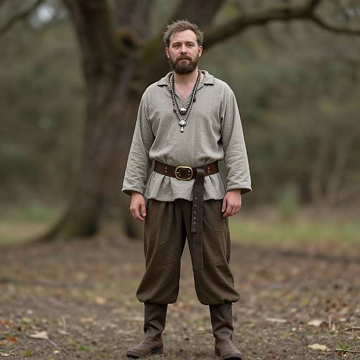 Photograph of a bearded man with medium build, wearing a light gray medieval shirt, brown pants, belt, and boots, standing in a forest