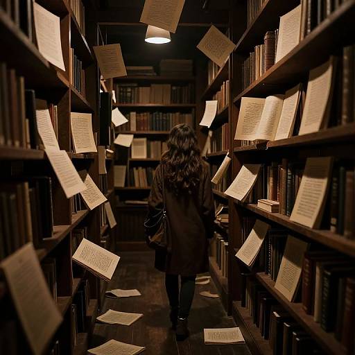 Photograph of a person with long hair, back facing the camera, walking down a dimly lit library aisle with bookshelves filled with papers and