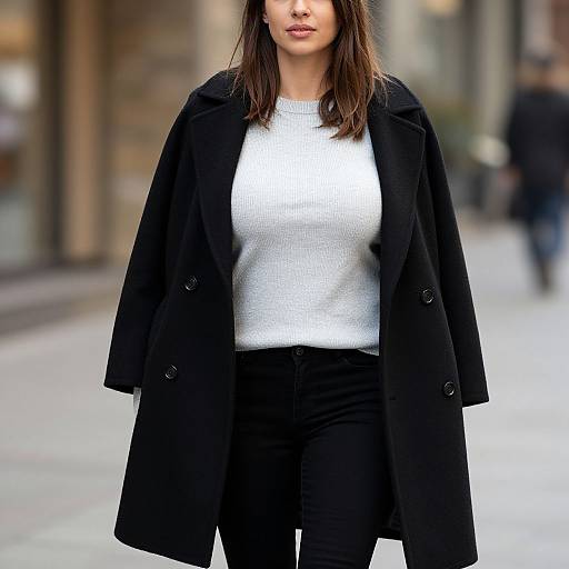Photograph of a woman with straight brown hair, wearing a white knit sweater, black coat, and black pants, walking on a city street with blurred