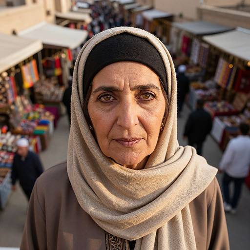 Photograph of an elderly Middle Eastern woman with a wrinkled face, wearing a beige headscarf and brown robe, standing in a bustling outdoor market