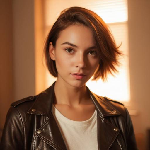 Young Woman in Brown Leather Jacket Indoors