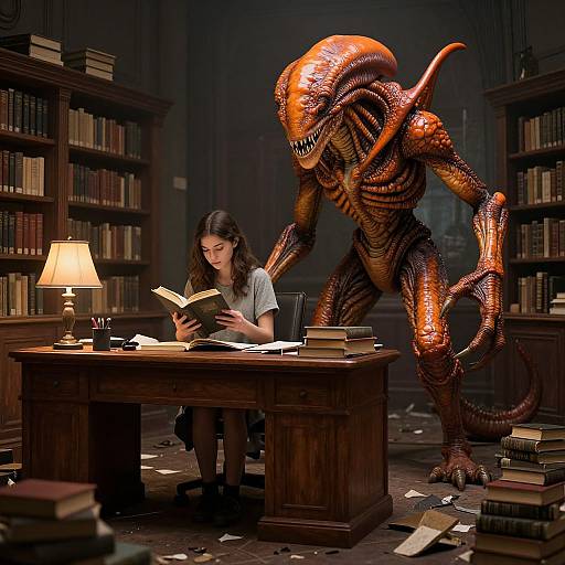 Photograph-like CGI: Young woman with long brown hair, white shirt, reading books in dim library, while large, orange, menacing alien with sharp