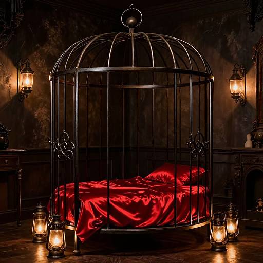 Victorian BDSM Cage Bed Scene