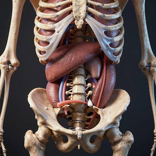Photorealistic CGI of human skeletal system, focusing on spine, rib cage, and exposed pinkish-red esophagus and trachea against dark