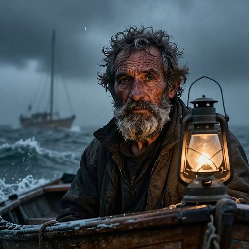 Photograph of a rugged, weathered old man with gray beard, dark curly hair, wearing a black jacket, holding a glowing lantern in a storm