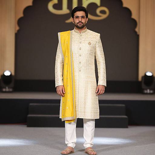 Photograph of a bearded man in white traditional Indian attire with a yellow safa, standing on a stage, illuminated background.