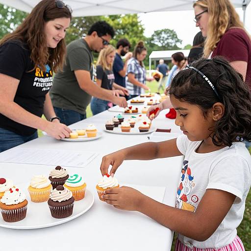 Photograph of a young girl with dark hair and white shirt, choosing a cupcake from a table with decorated cupcakes, surrounded by adults in a sunny