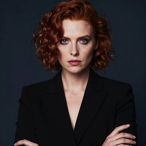Photograph of a serious-looking, fair-skinned woman with curly red hair, blue eyes, wearing a black blazer, arms crossed, dark background