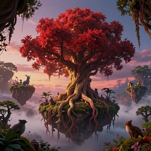 Fantasy digital artwork of a towering, red-leaved tree with gnarled roots on a floating island, surrounded by misty, magical landscape and
