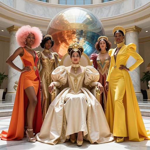 Photograph of six Black women in elaborate, colorful gowns and gold accessories, standing in a grand, marble hall with a reflective dome. Central woman
