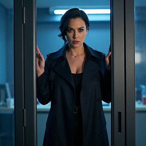 Photograph of a serious, dark-haired woman with medium skin tone, wearing a black coat and necklace, standing in a blue-lit office doorway,