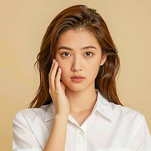 Young Woman in White Shirt Touching Cheek