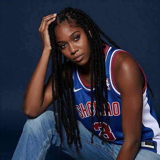 Serious Dreadlocked Woman in NBA Jersey