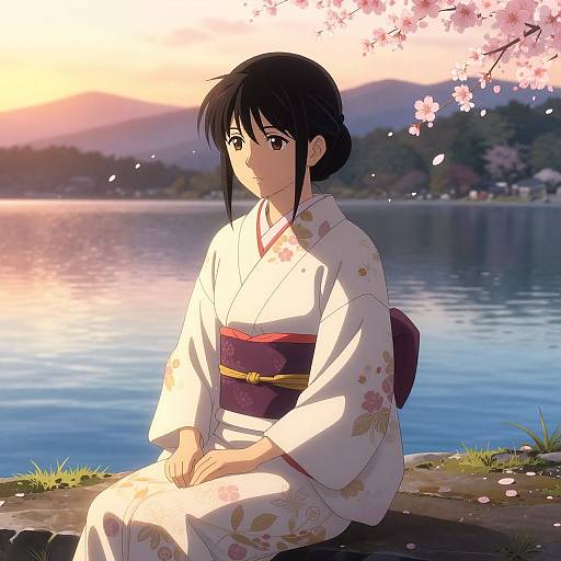 Anime-style digital drawing of a young woman in a white floral kimono, sitting by a serene lake with cherry blossoms, sunset sky, and mountains