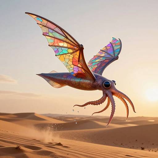 Digital artwork of a colorful, winged octopus soaring over a sunlit desert with dunes, featuring vibrant, stained-glass-like wings and a