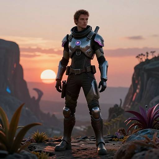 Photorealistic CGI of a muscular man in futuristic armor standing on a rocky path during a sunset in a sci-fi landscape.