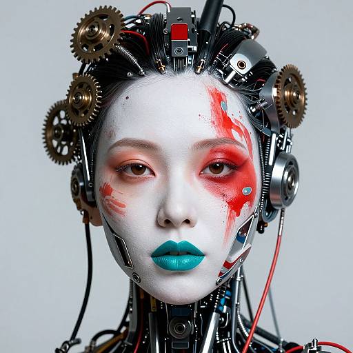 Cybernetic portrait of a woman with white face paint, red mechanical markings, blue lips, and gears in her hair and head.