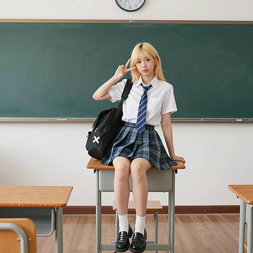 Asian Woman in Classroom with Peace Sign