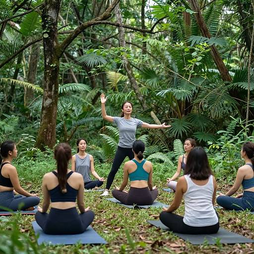 Photograph of five women in yoga outfits, sitting in a forest clearing, following a woman leading a yoga class with raised arms. Lush green foliage