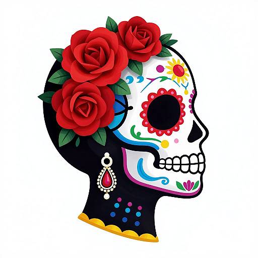Digital illustration of a Day of the Dead sugar skull with black background, white face, red rose flowers, colorful eye designs, black hair, and a