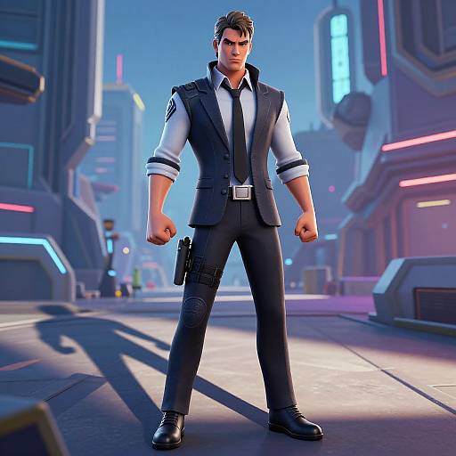 CGI image of a muscular, dark-haired man in a black suit, white shirt, and tie, holding a gun, standing confidently in a neon