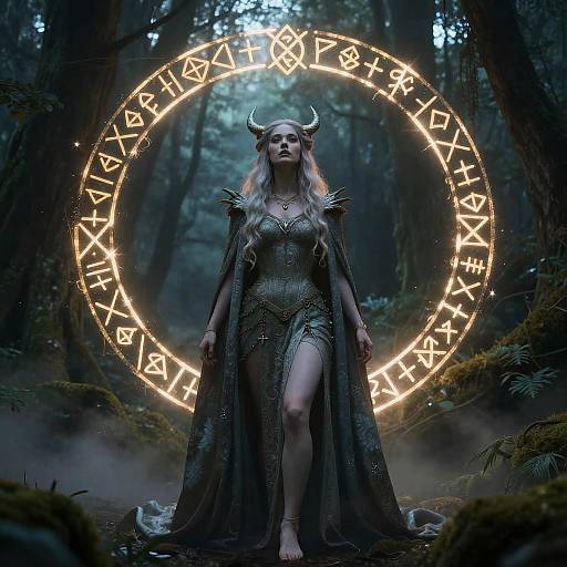 Digital artwork of a mystical, horned female figure in a glowing, rune-circle forest. She wears a detailed, dark, metallic gown with a thigh