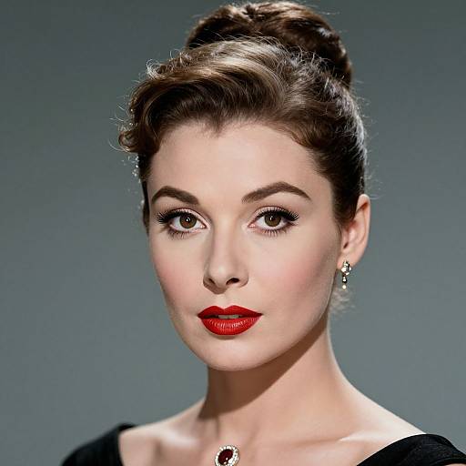 Photograph of a fair-skinned woman with red lipstick, dark brown hair in an elegant updo, wearing black and red jewelry, against a gray