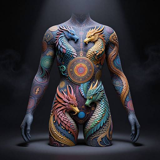 Digital art of a faceless, muscular figure adorned with vibrant, intricate dragon tattoos in neon colors, centered in a dark background.