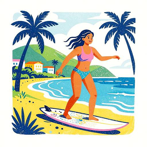 Caribbean Linocut Surfer Girl Scene