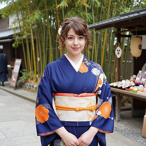 Photograph of a smiling young Japanese woman with brown hair in an elegant navy kimono with orange and white floral patterns, standing in front of a bamboo