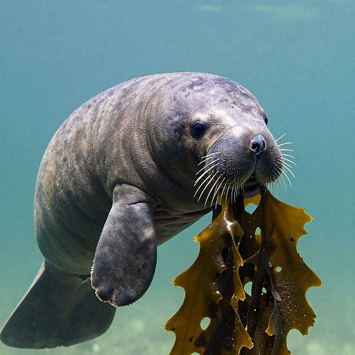 Detailed Manatee Holding Seaweed
