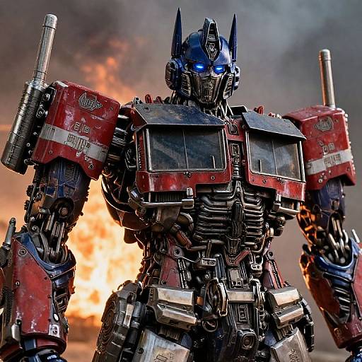 Photorealistic CGI of a red, blue-accented, battle-worn Transformers-style robot with glowing blue eyes, standing amid a fiery explosion,