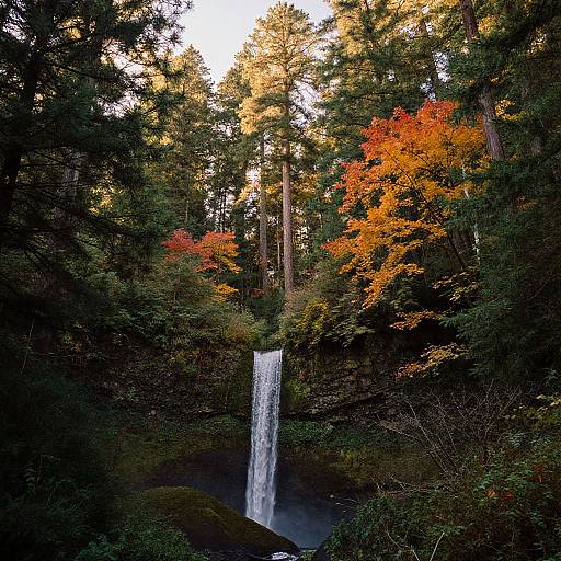 Photograph of a tall, slender waterfall in a dense forest, surrounded by vibrant autumn foliage with red, orange, and yellow leaves.