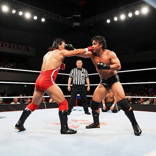 Professional Wrestling Match with Two Wrestlers and Referee