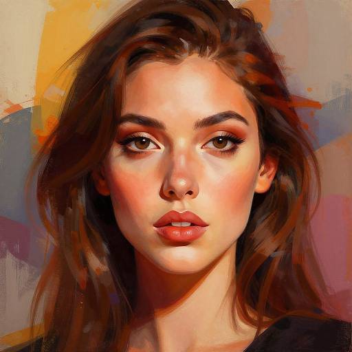 Digital painting of a young woman with fair skin, brown eyes, full lips, and long brown hair, set against a colorful abstract background.