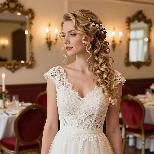 Photograph of a blonde bride with curly hair in an elegant white lace wedding dress, standing in a warmly lit, vintage-style reception room with ornate
