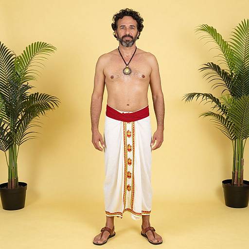 Photograph of a shirtless, bearded man with curly hair, wearing a white and red traditional loincloth, pendant necklace, and sandals,